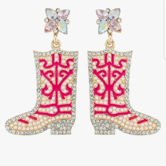 Rose Pink Gold Cowgirl Boots Western Earrings Pearls & Rhinestone Rodeo - Picture 1 of 5